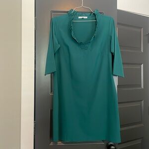Dark Teal shift dress, ruffle neckline